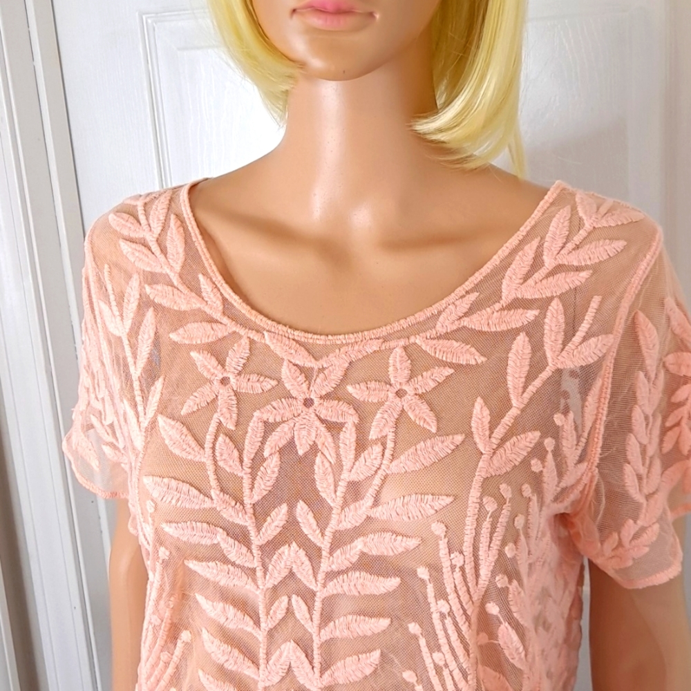 Pink Lace Floral Mesh Crew-Neck See-Through Top by Xhilaration - Picture 2 of 7